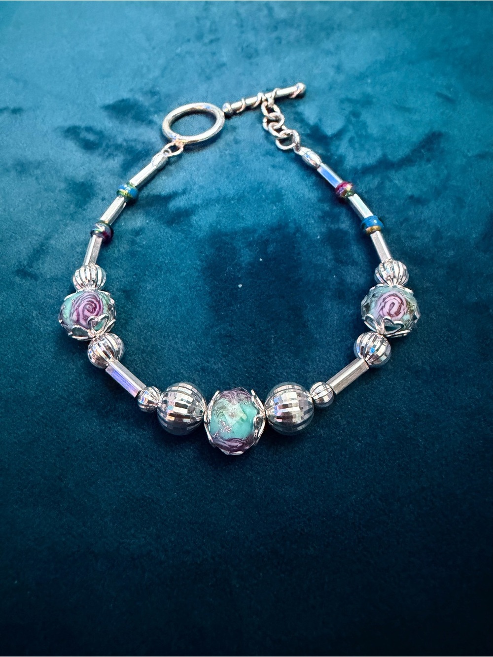 🥀Sterling Silver Toggle Bracelet featuring 98% liquid silver & Lampwork Beads.🥀